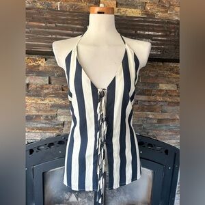 EVERY Navy Stripe Halter Tie Front Open Back Tank Top‎ Large NWT